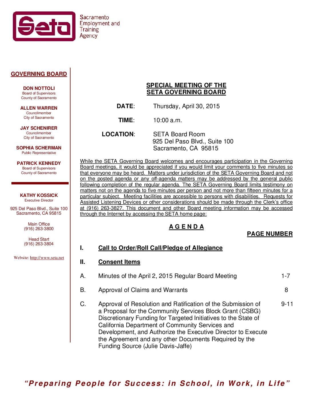 Special Governing Board 4/30/15