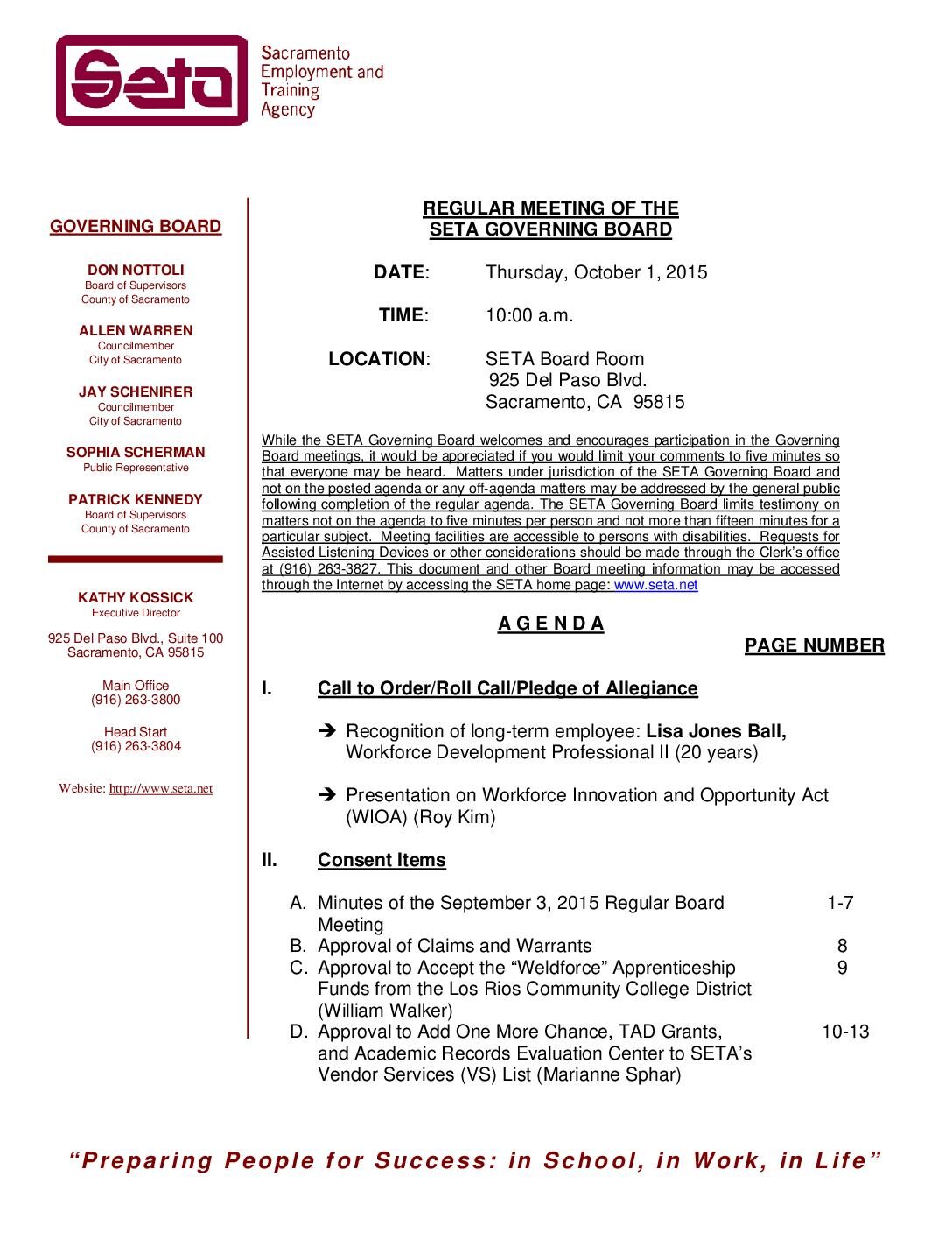 Regular SETA Governing Board 10/1/15