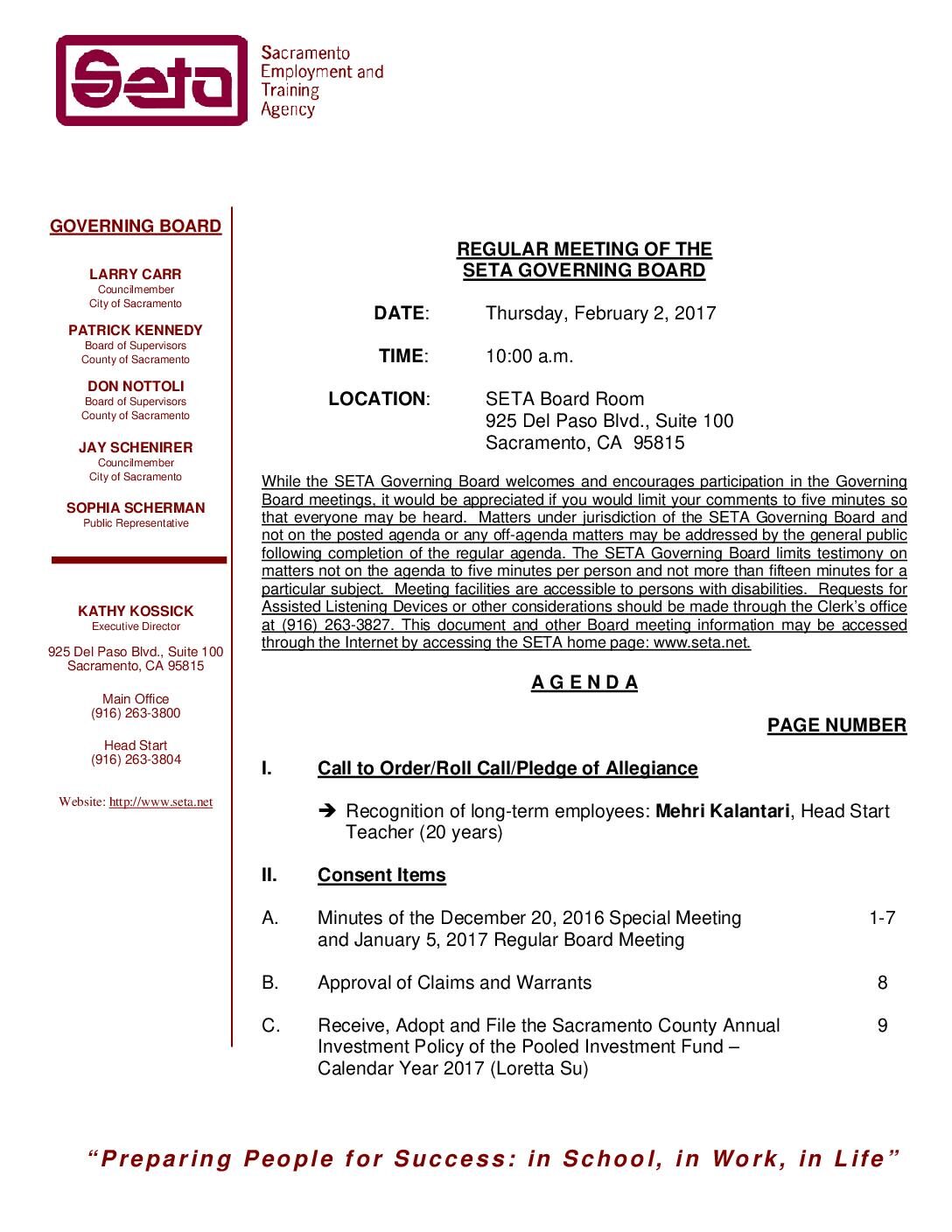 Regular SETA Governing Board 2/2/17