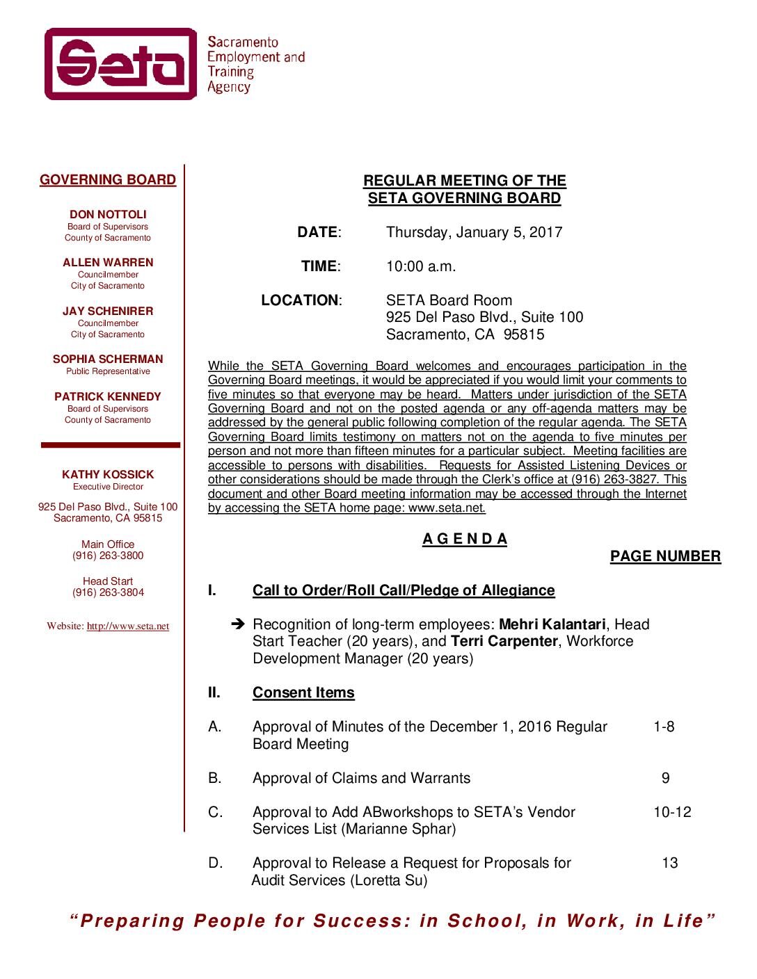 Regular SETA Governing Board 1/5/17