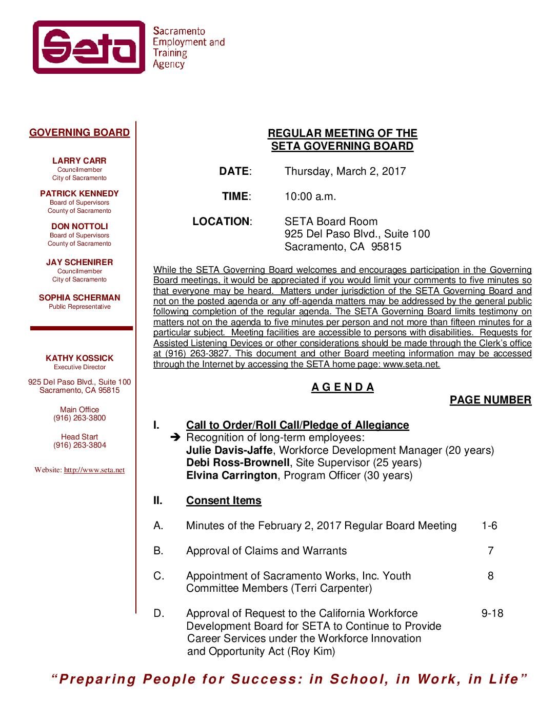 Regular SETA Governing Board 3/2/17
