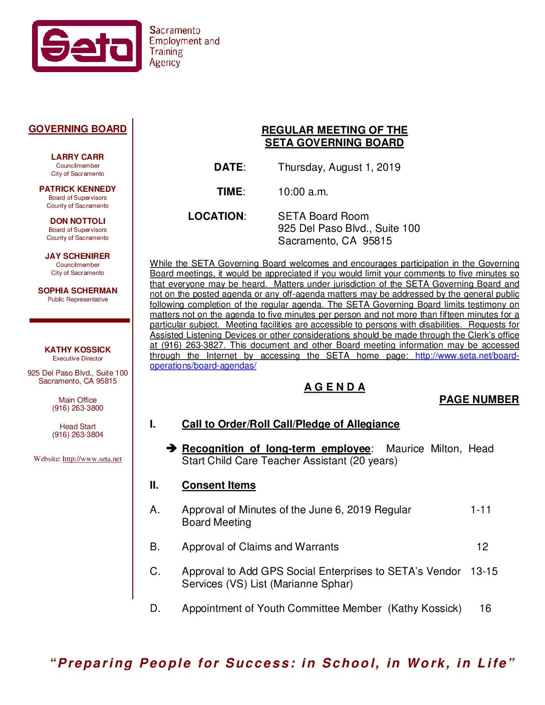 Regular SETA Governing Board 8/1/19