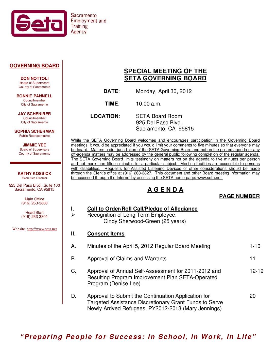 Special Meeting of the Governing Board Agenda for 4/30/12
