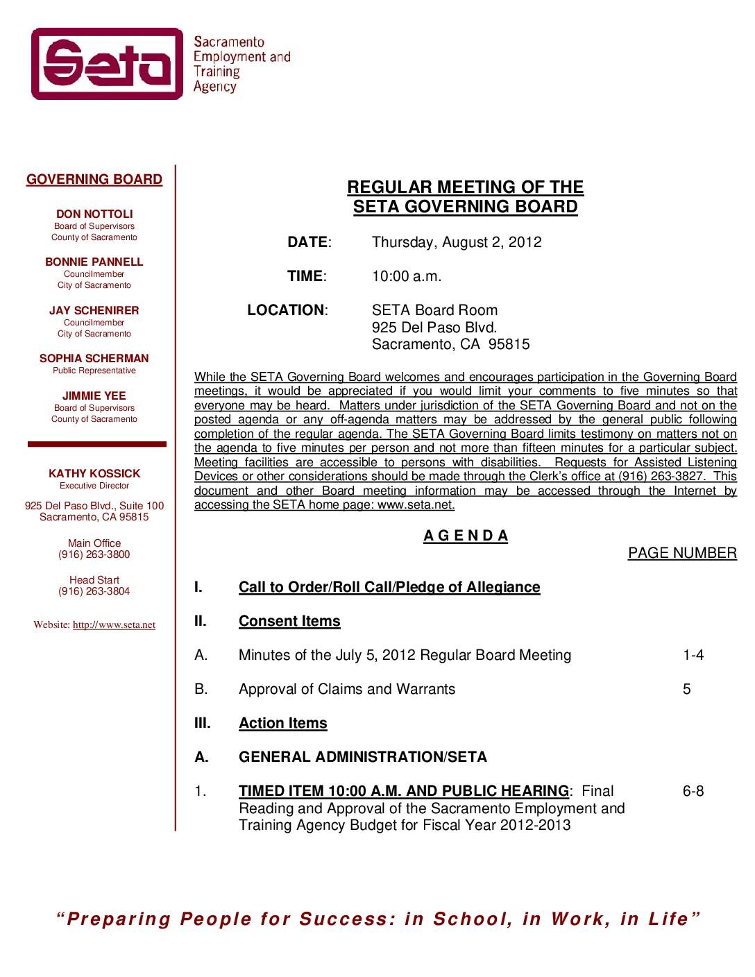 Governing Board Agenda for 8/2/12
