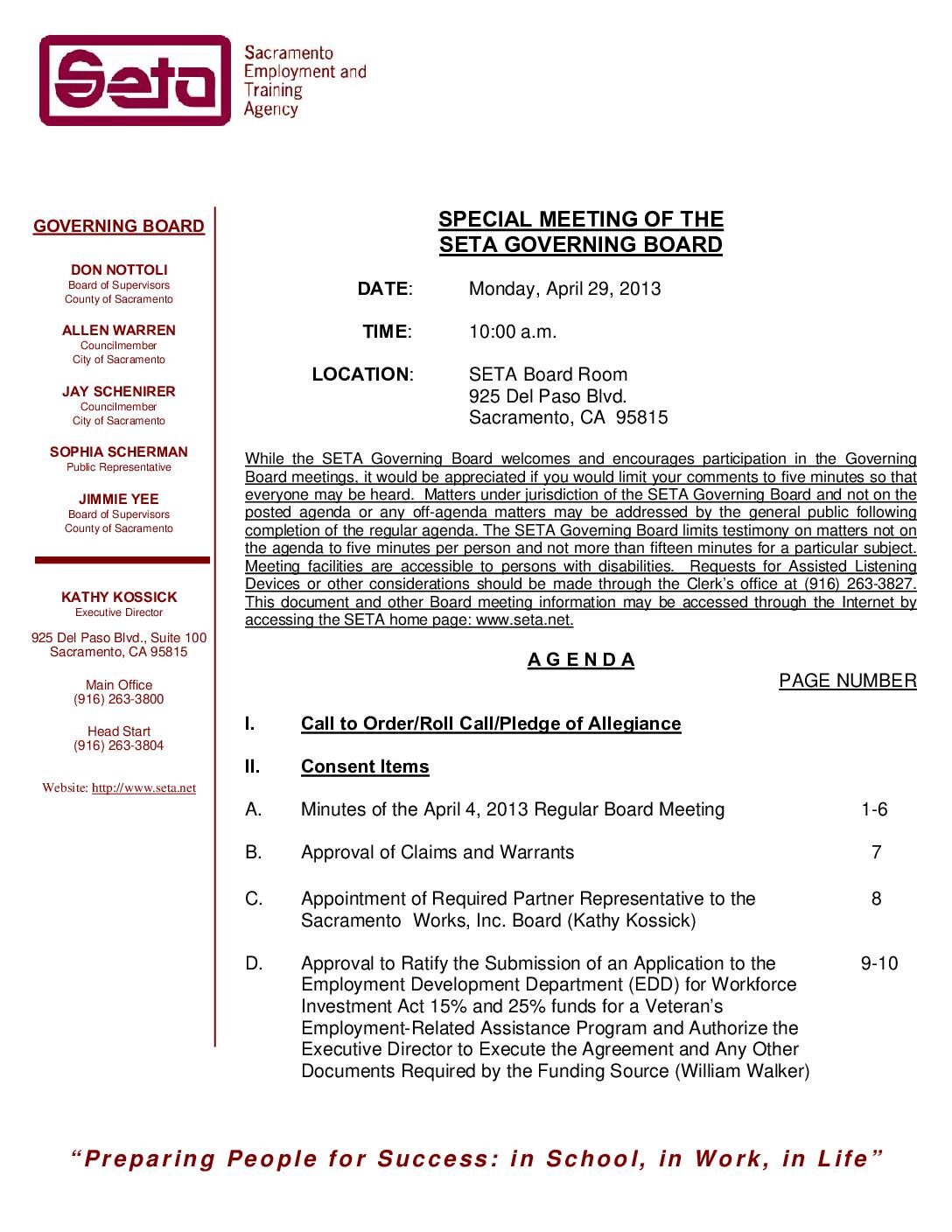 Special Governing Board 4/29/13