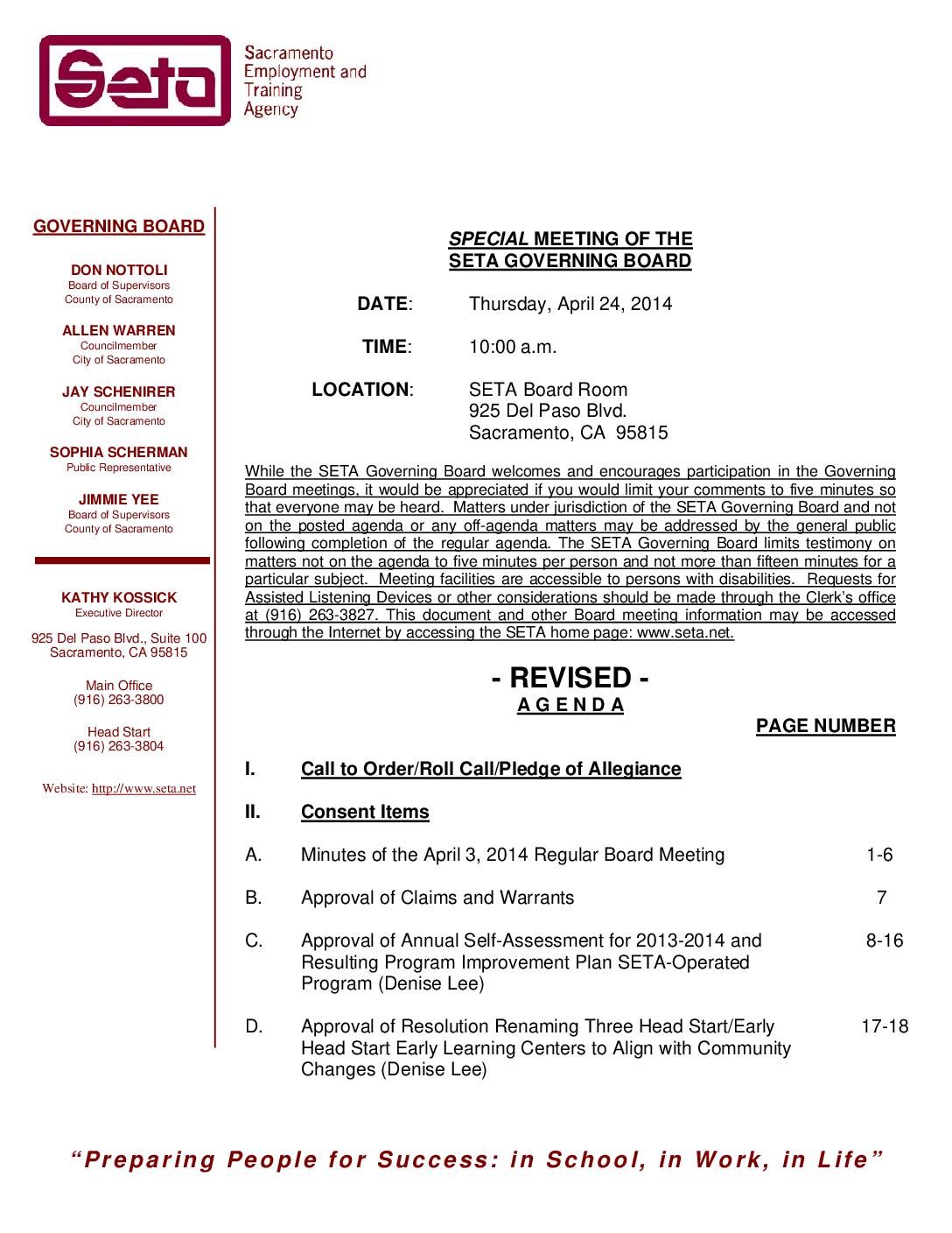 Special Governing Board 4/24/14