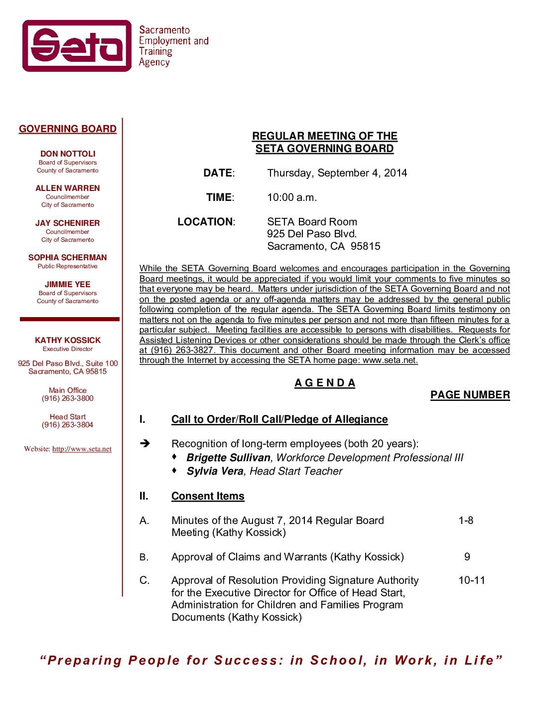 Regular Governing Board 9/4/14