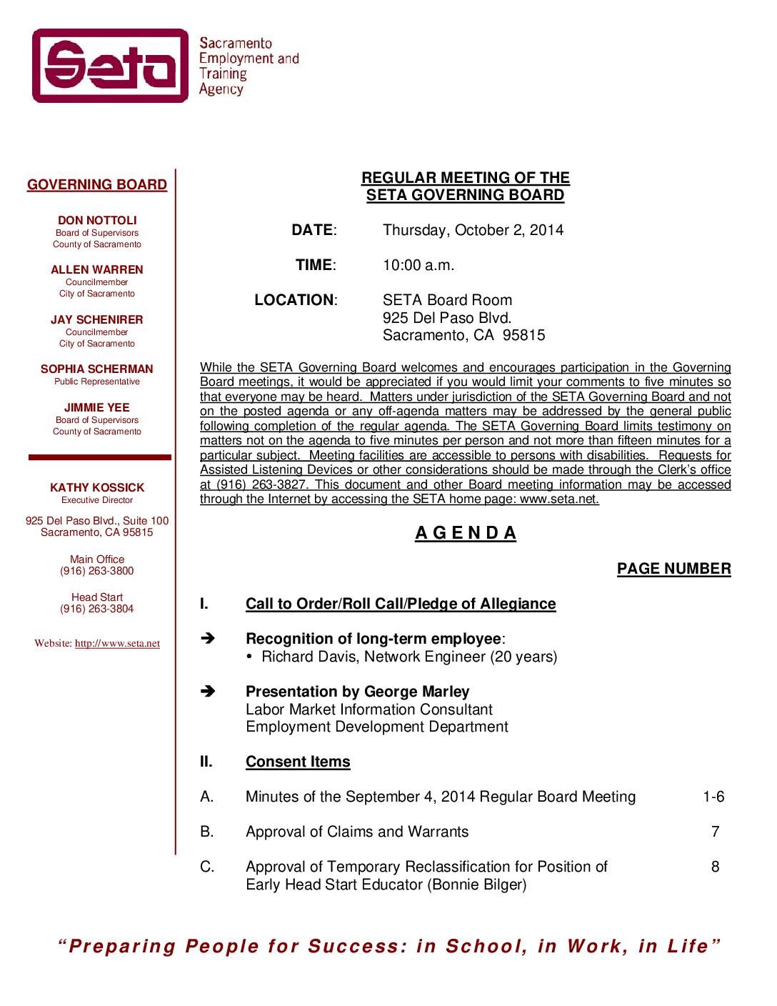 Regular Governing Board 10/2/14