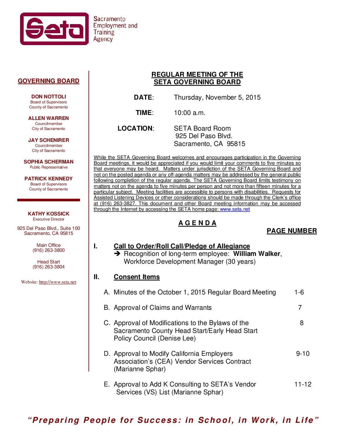 Regular SETA Governing Board 11/5/15