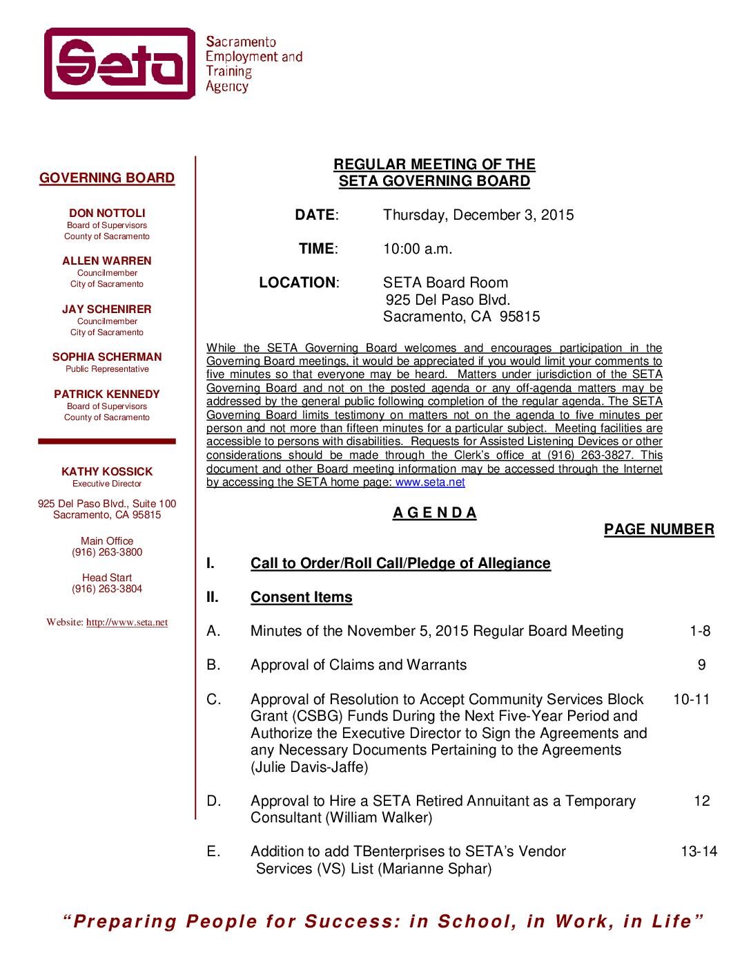 Regular SETA Governing Board 12/3/15