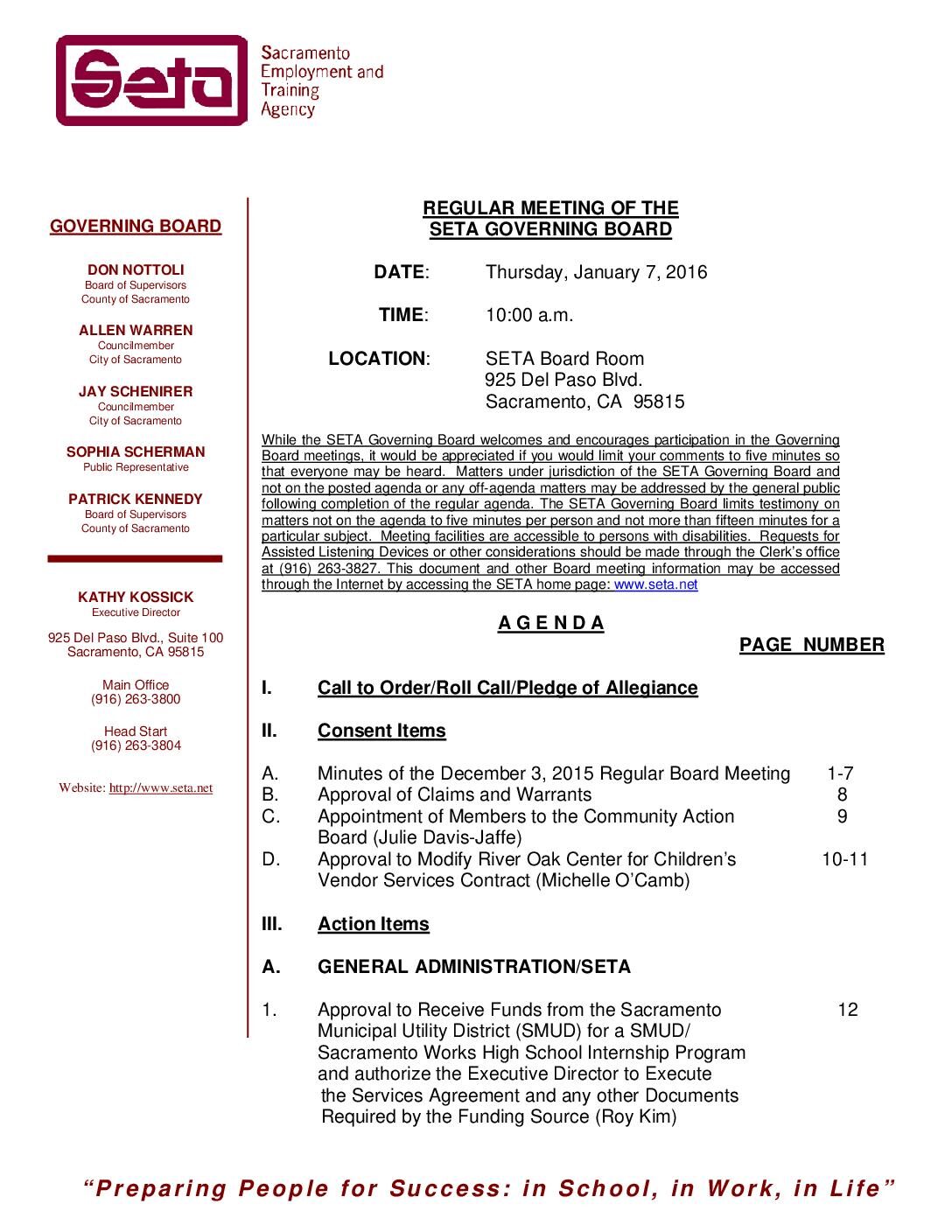 Regular SETA Governing Board 1/7/16