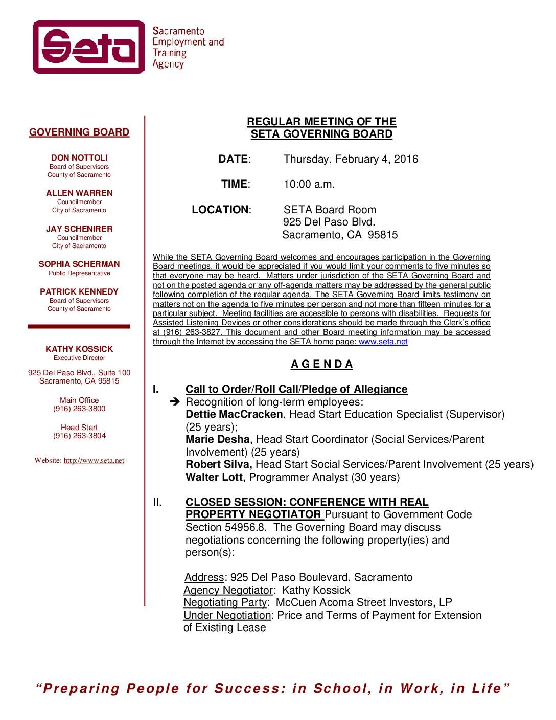 Regular SETA Governing Board 2/4/16