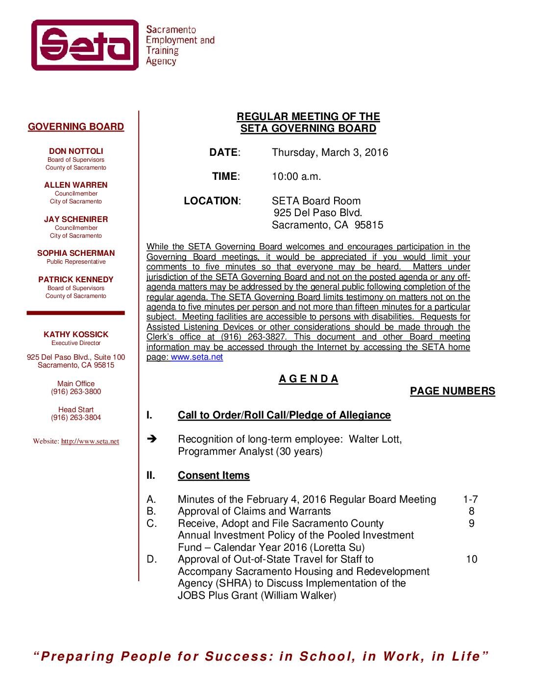 Regular SETA Governing Board 3/3/16