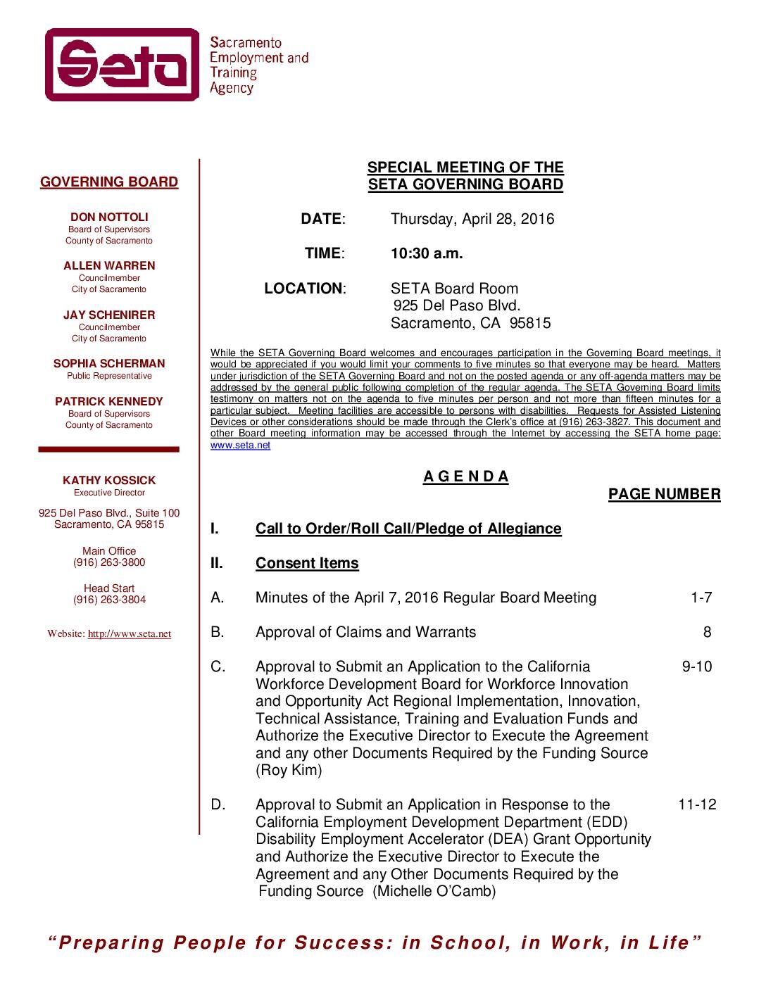Special SETA Governing Board 4/28/16