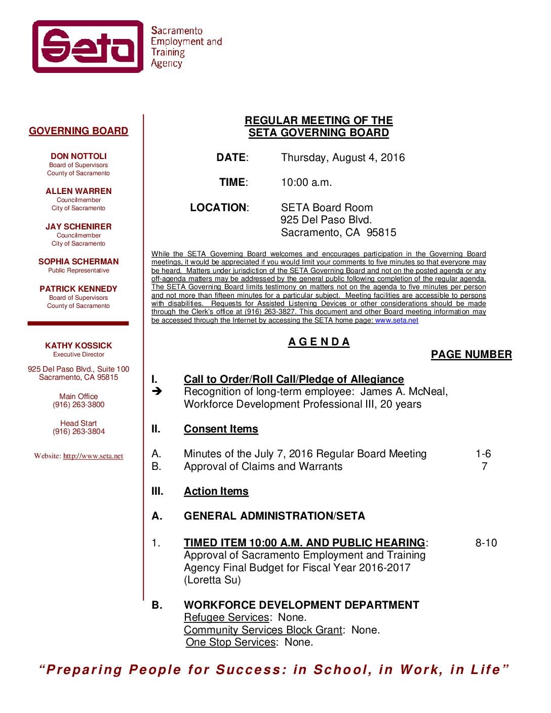 Regular Governing Board Meeting 8/4/16