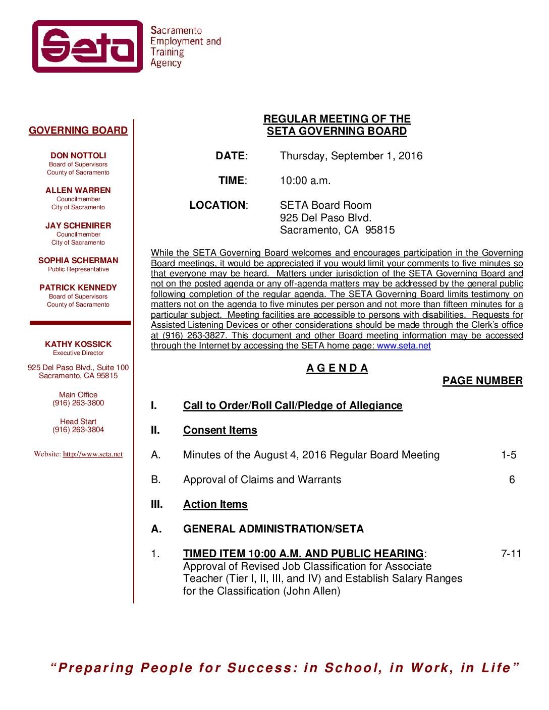 Regular SETA Governing Board 9/1/16