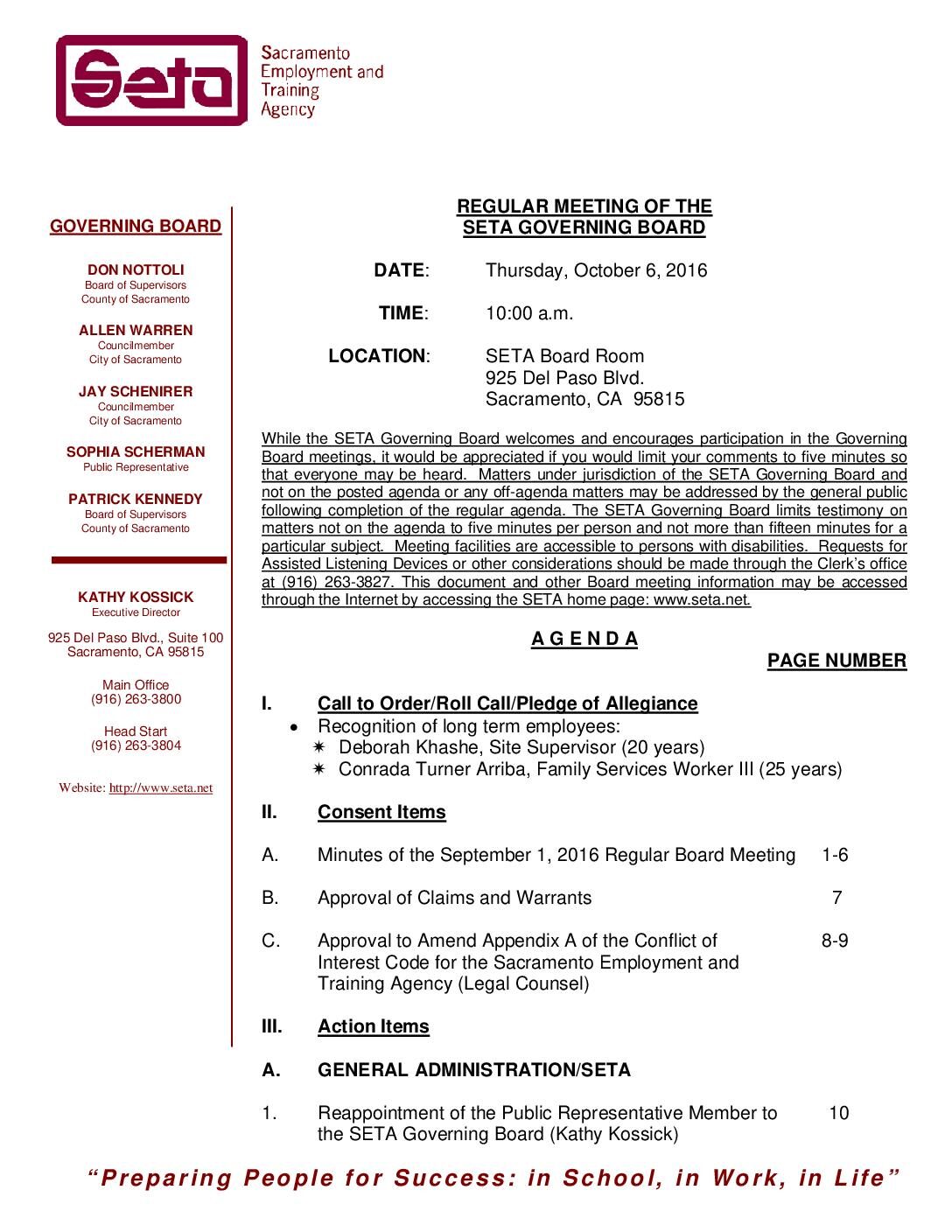 Regular SETA Governing Board 10/6/16