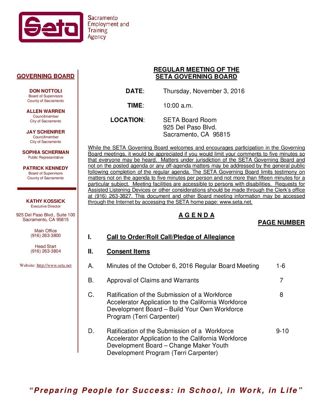 Regular SETA Governing Board 11/3/16