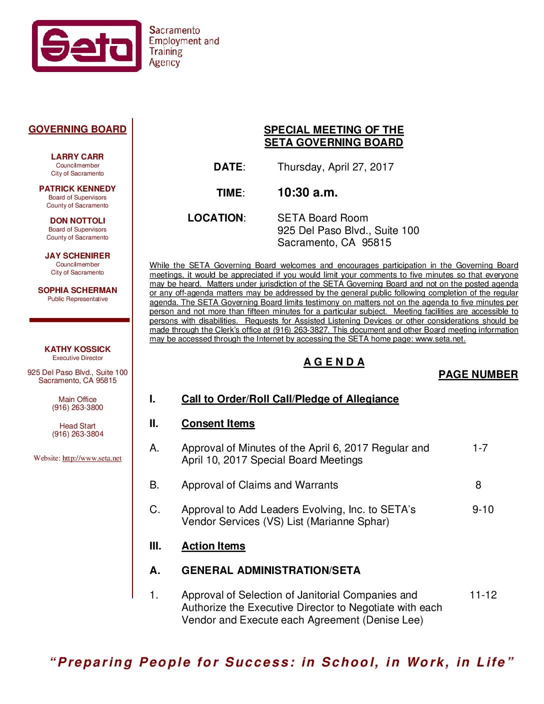 Special SETA Governing Board 4/27/17
