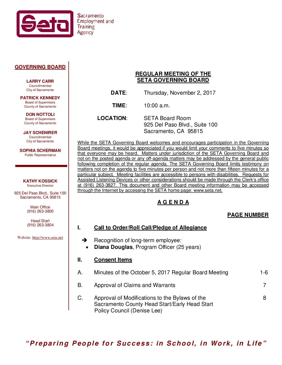 Regular SETA Governing Board 11/2/17