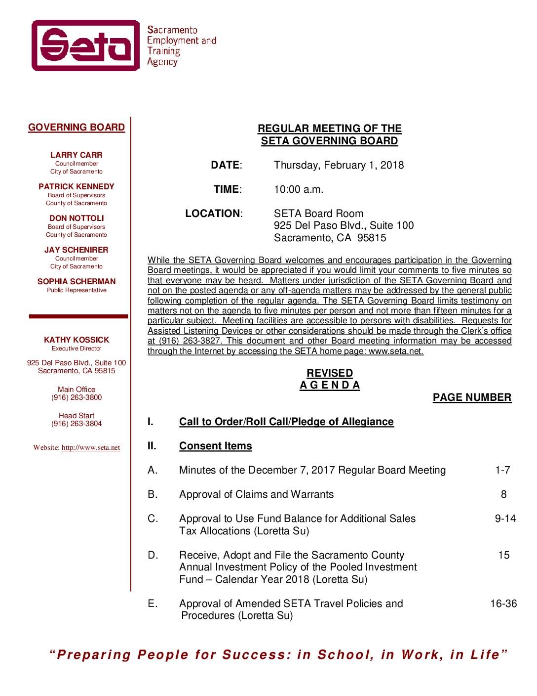 Regular SETA Governing Board 2/1/2018