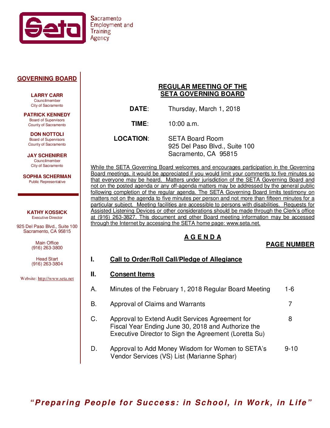 Regular SETA Governing Board 3/1/18