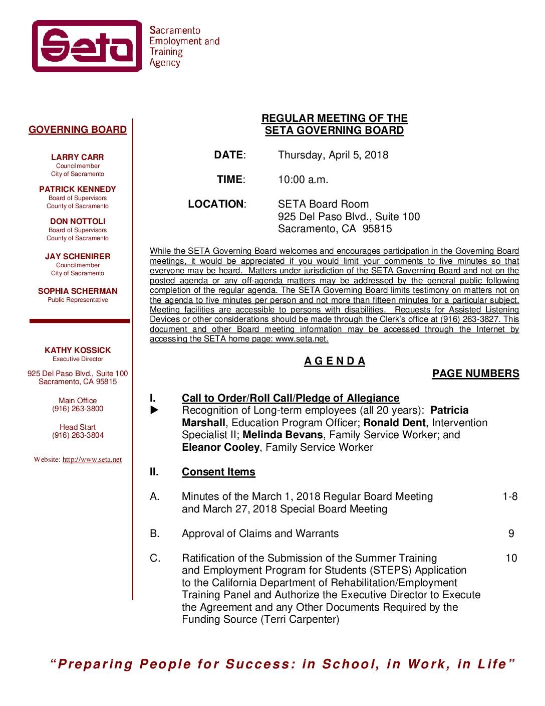 Regular SETA Governing Board 4/5/18