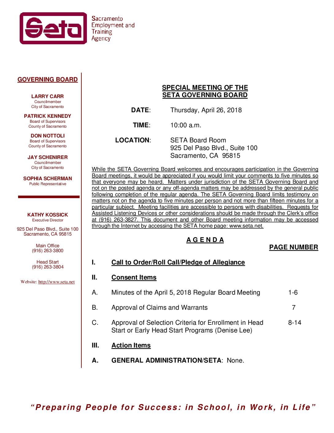 Special SETA Governing Board 4/26/18