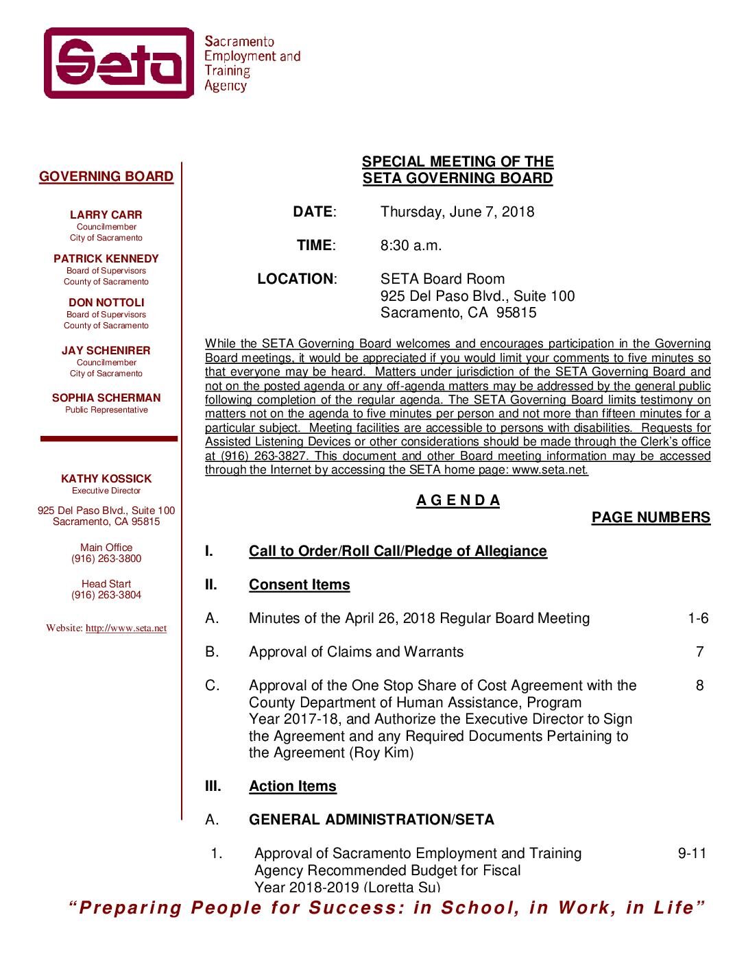 Special SETA Governing Board 6/7/18