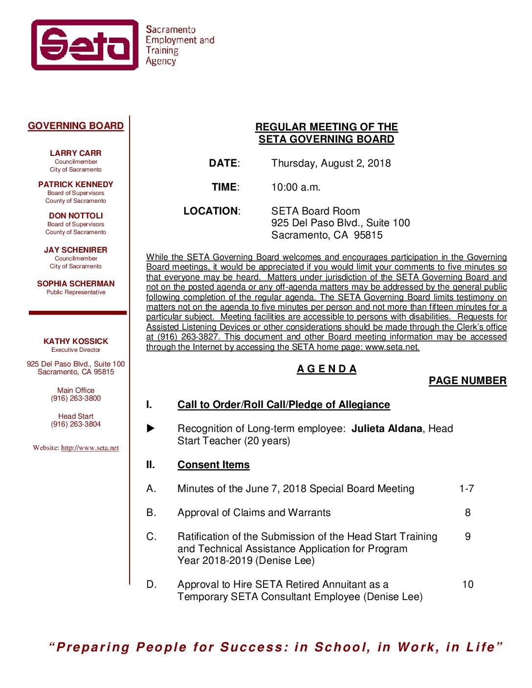 Regular SETA Governing Board 8/2/18