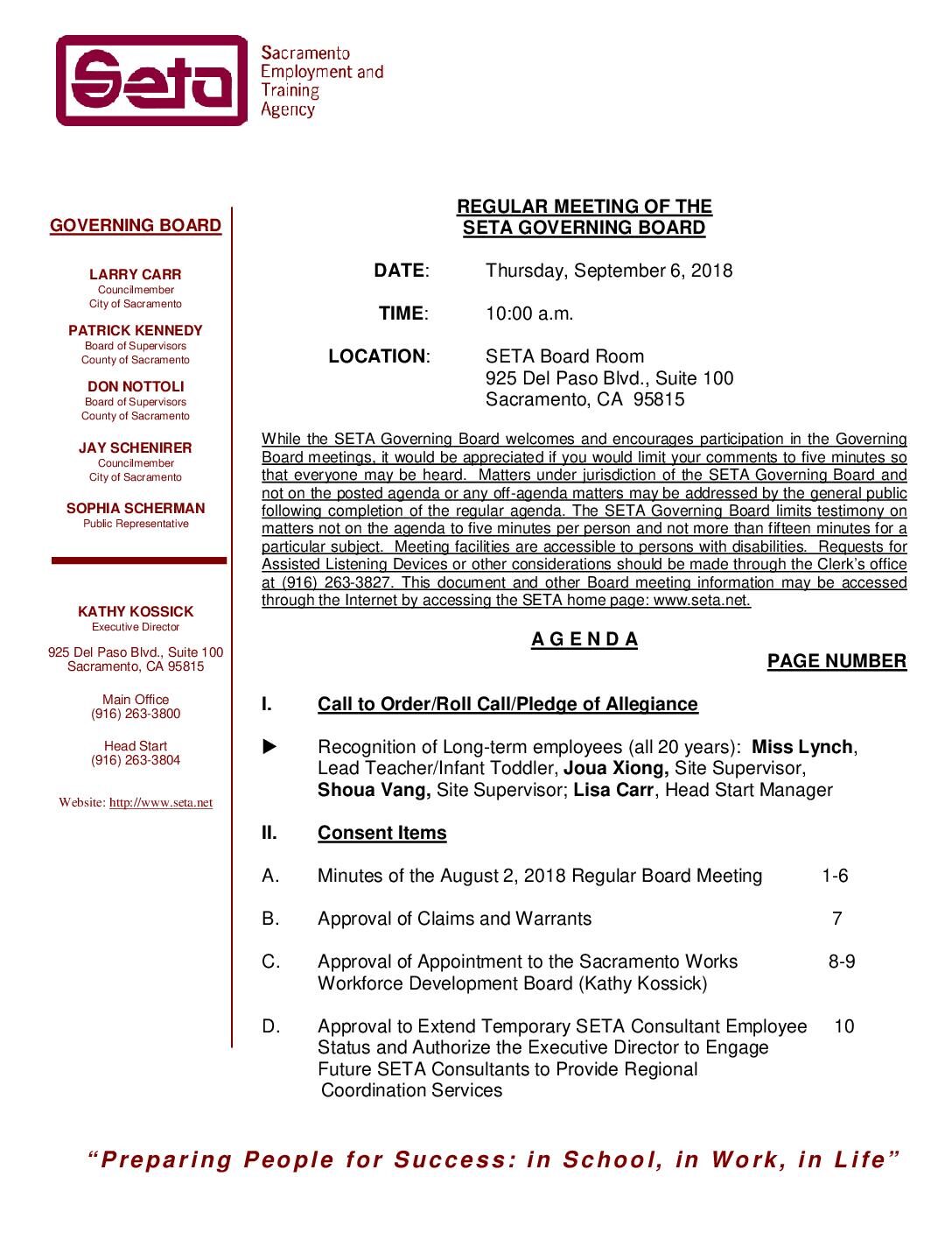 Regular SETA Governing Board 9/6/18
