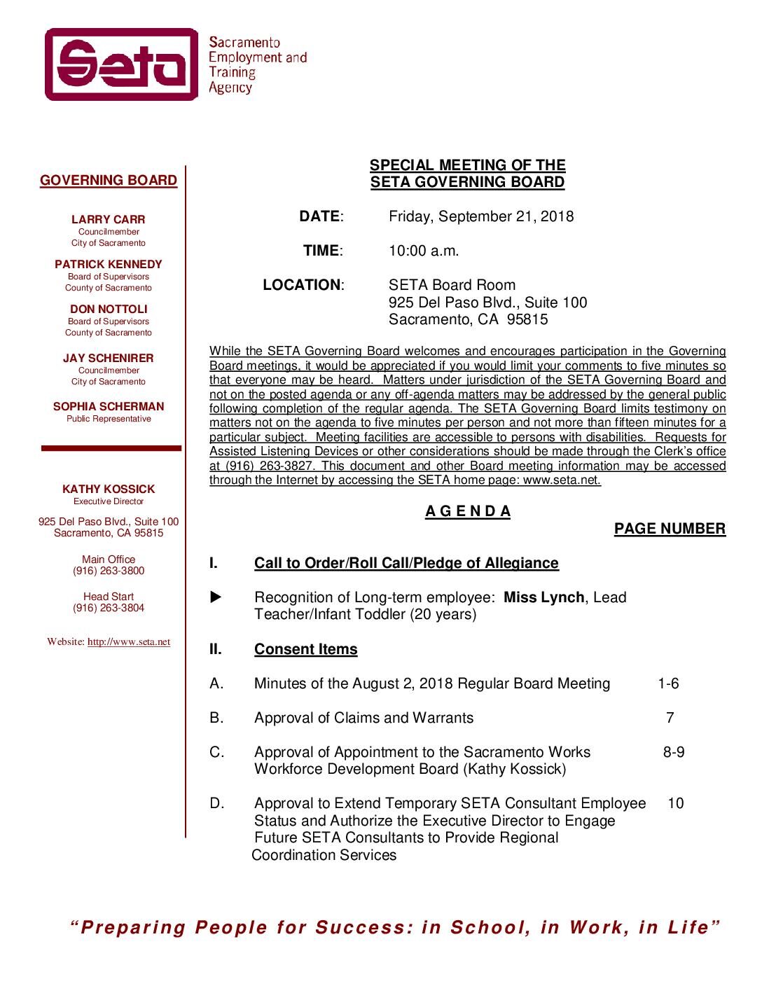 Special SETA Governing Board 9/21/18