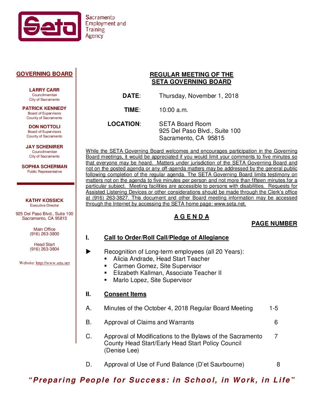 Regular SETA Governing Board 11/1/18