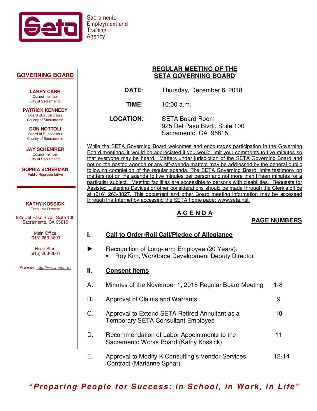 Regular SETA Governing Board 12/6/18