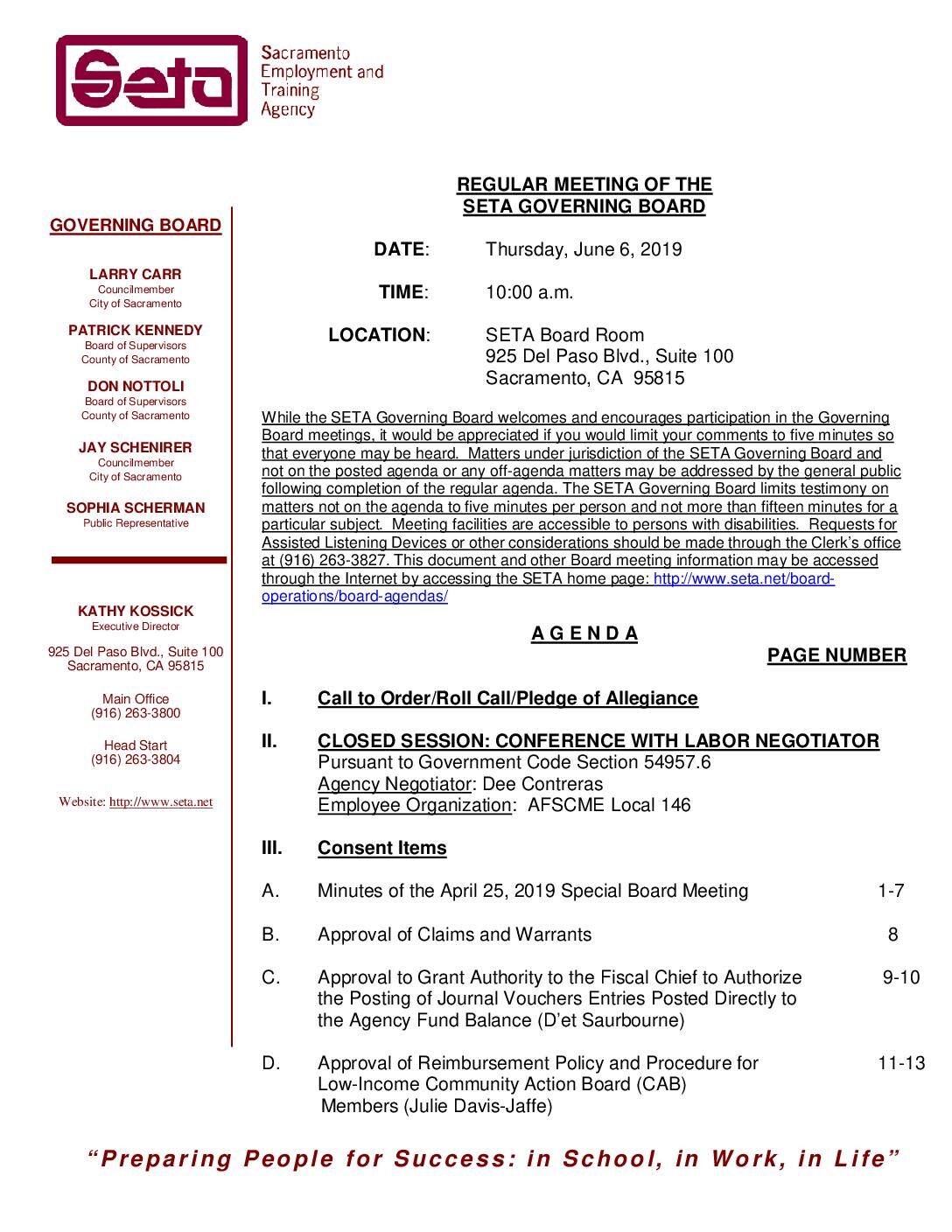Regular SETA Governing Board 6/6/19