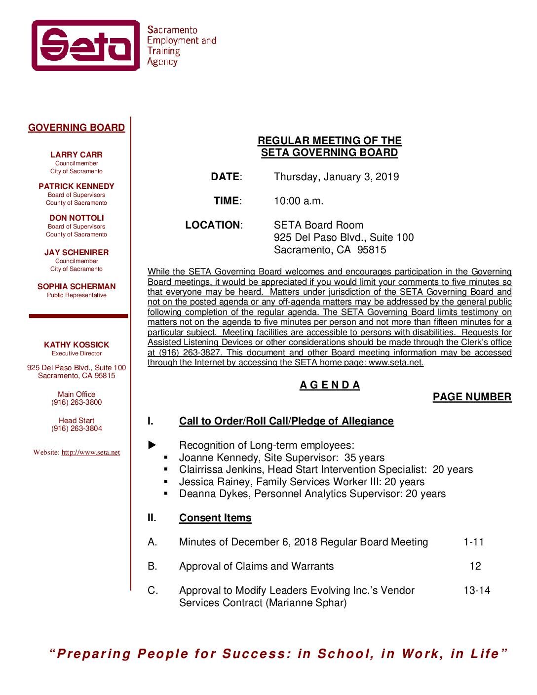 Regular SETA Governing Board 1/3/19