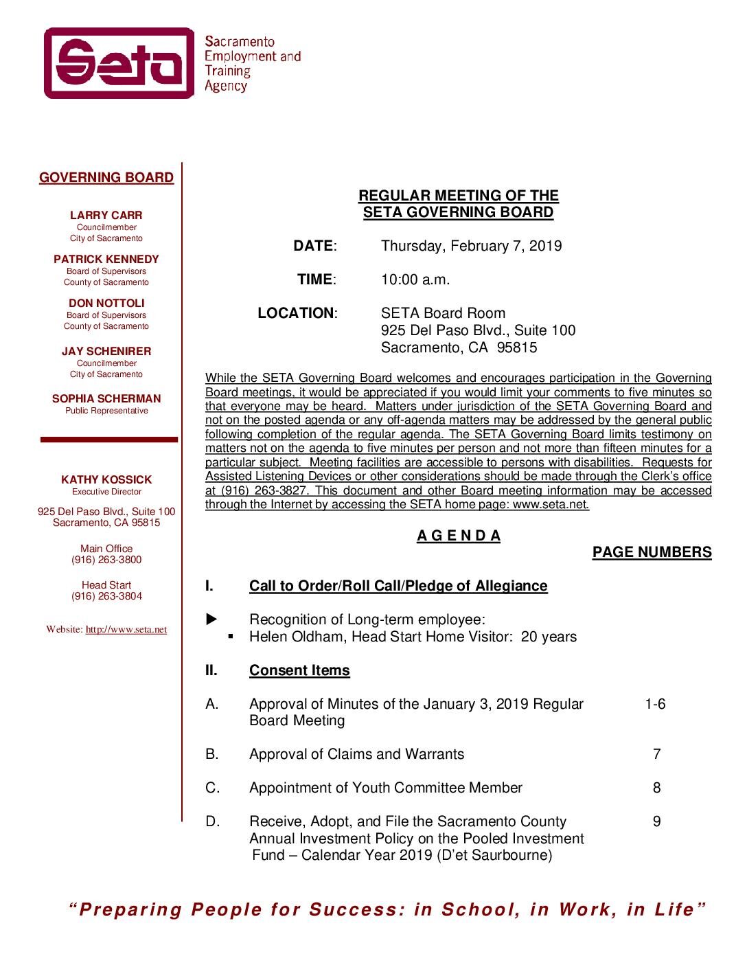 Regular SETA Governing Board 2/7/19