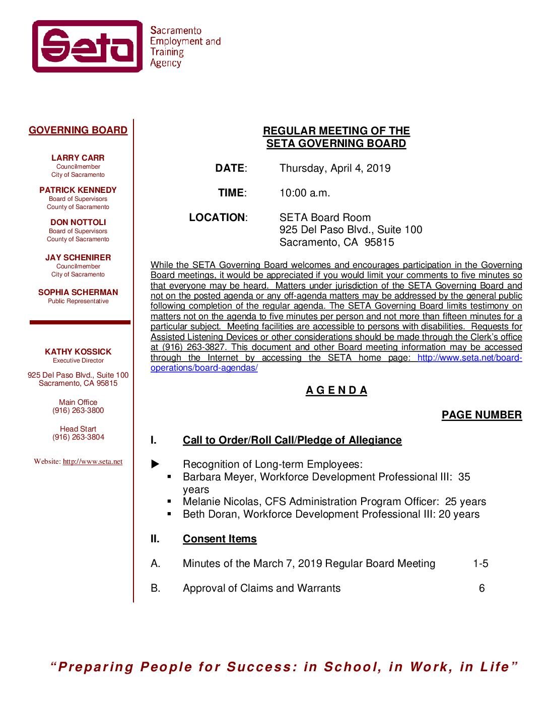Regular SETA Governing Board 4/4/19