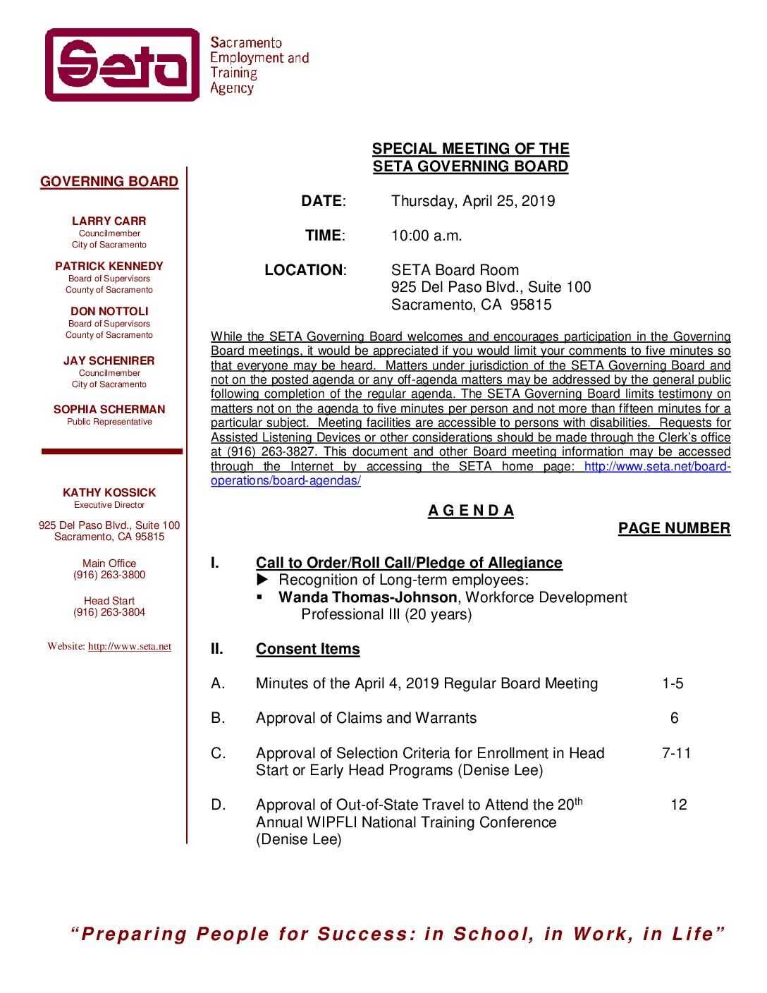 Special SETA Governing Board 4/25/19