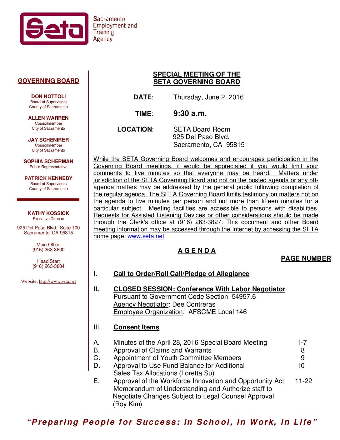 Special SETA Governing Board 6/2/16