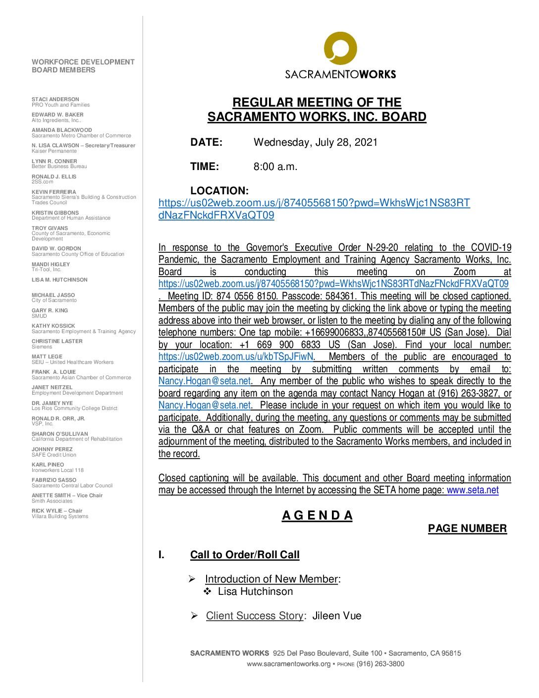 Sacramento Works Board 7/28/2021