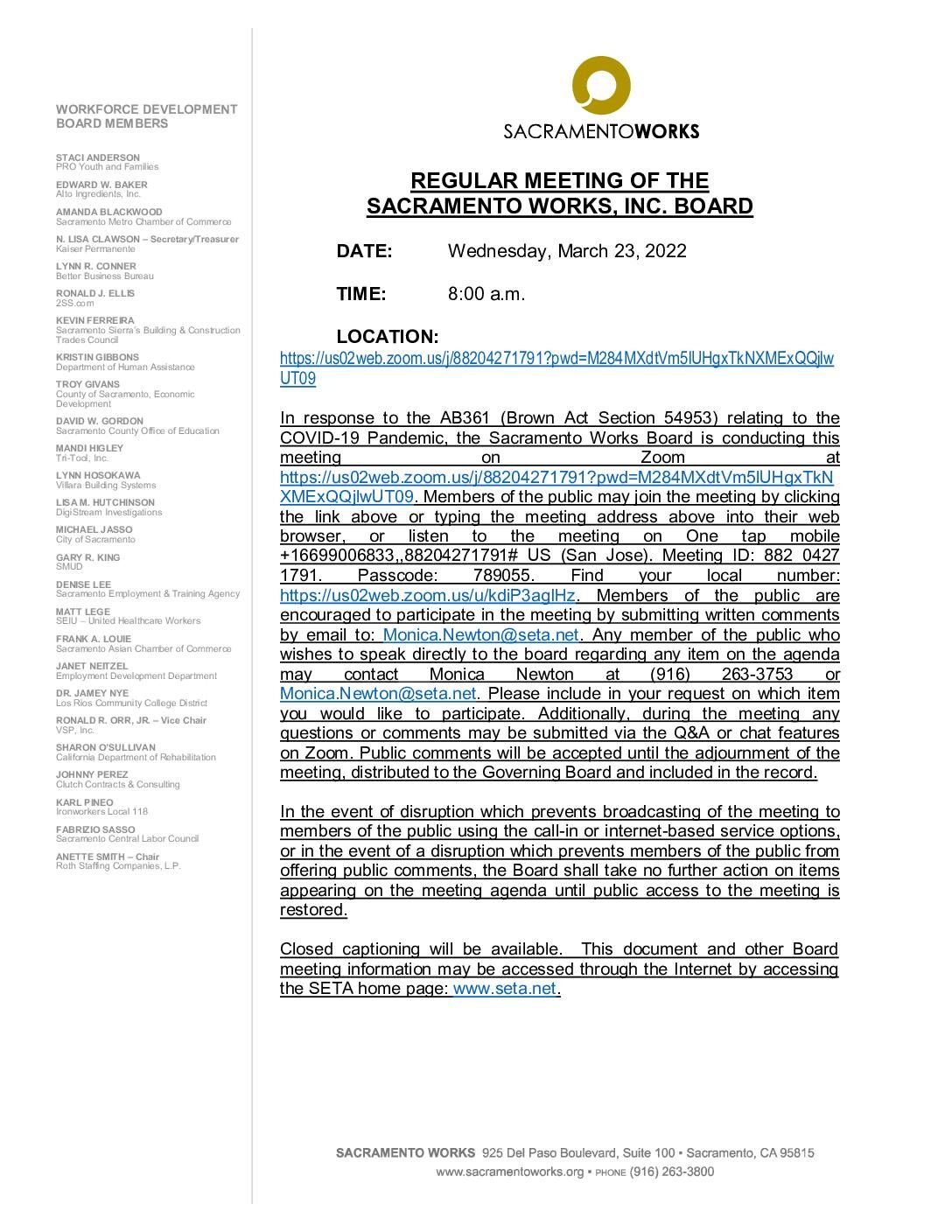 Sacramento Works Board 03/23/2022