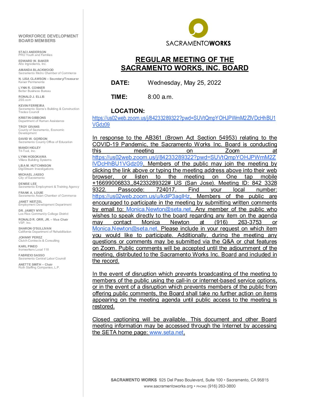 Sacramento Works Board 05/25/2022