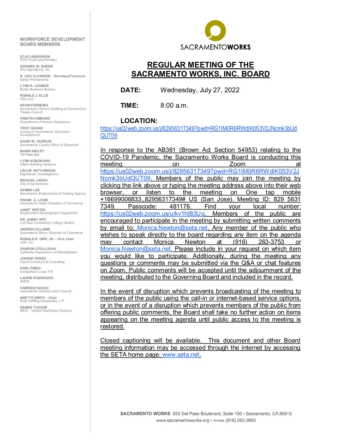 Sacramento Works Board 07/27/2022