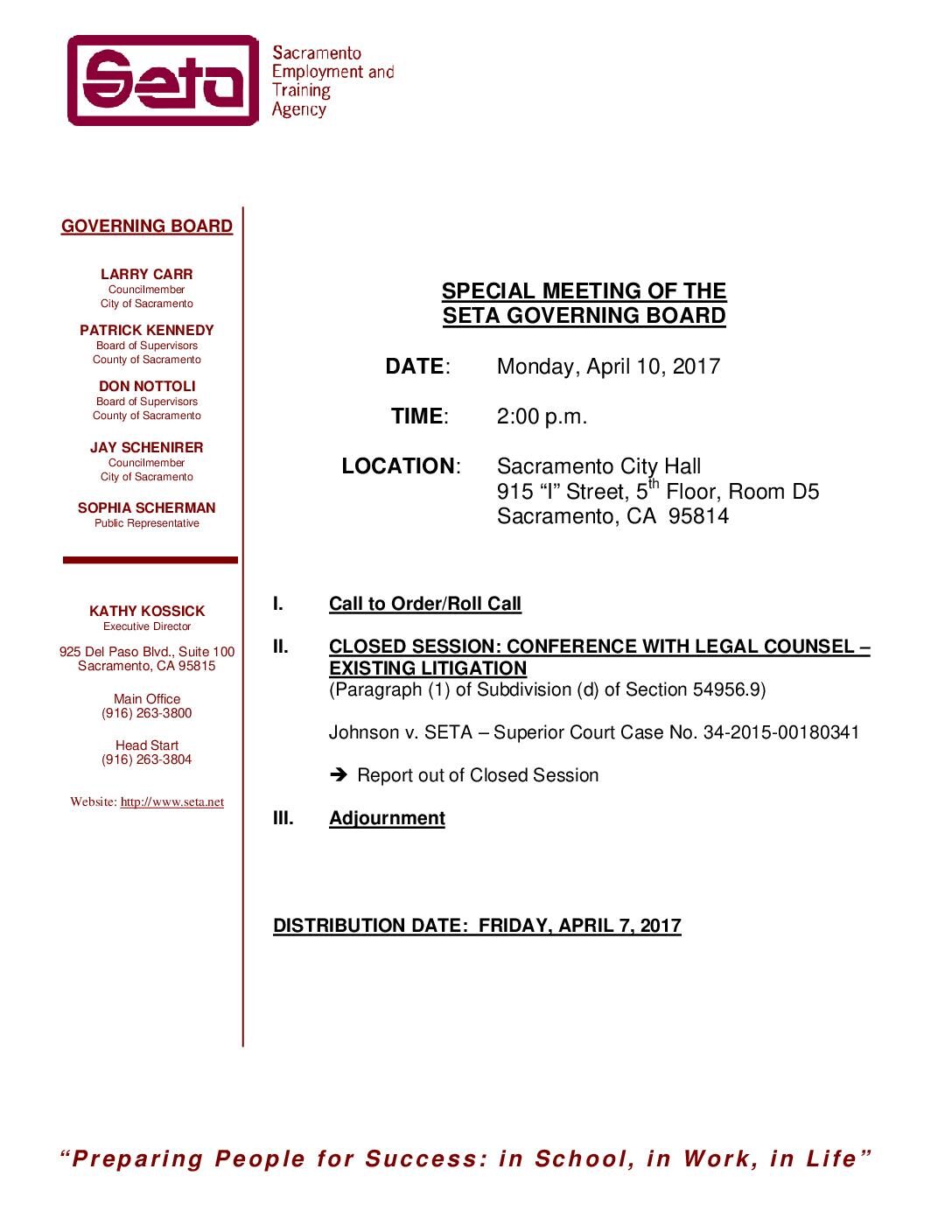 Special SETA Governing Board 4/10/17
