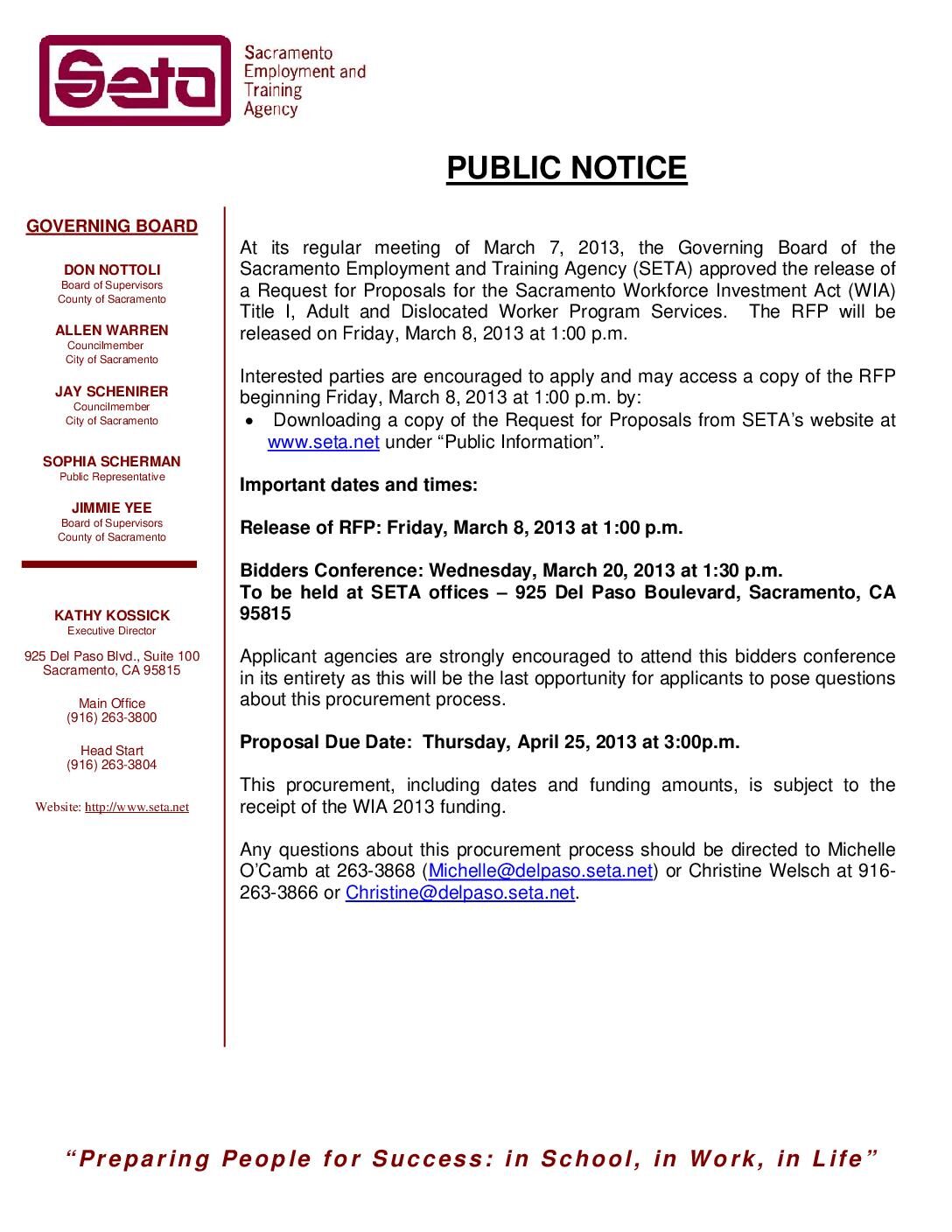 Public Notice Sacramento Works WIA Procurement 2013