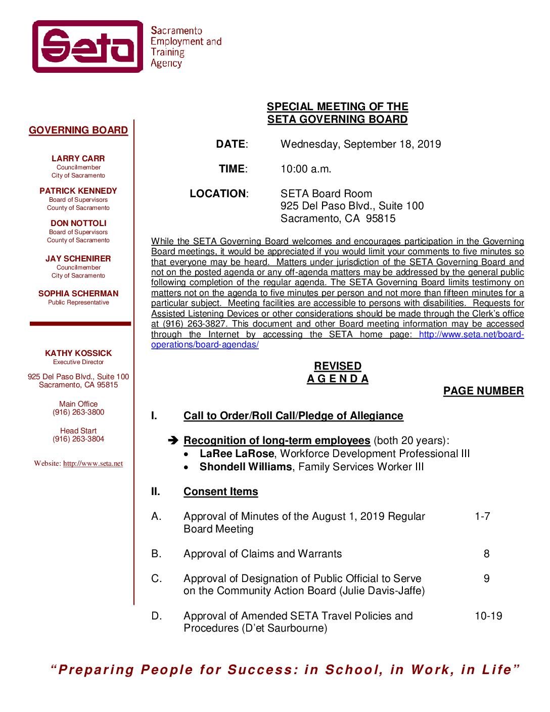 Addendum to 9/18/19 Governing Board