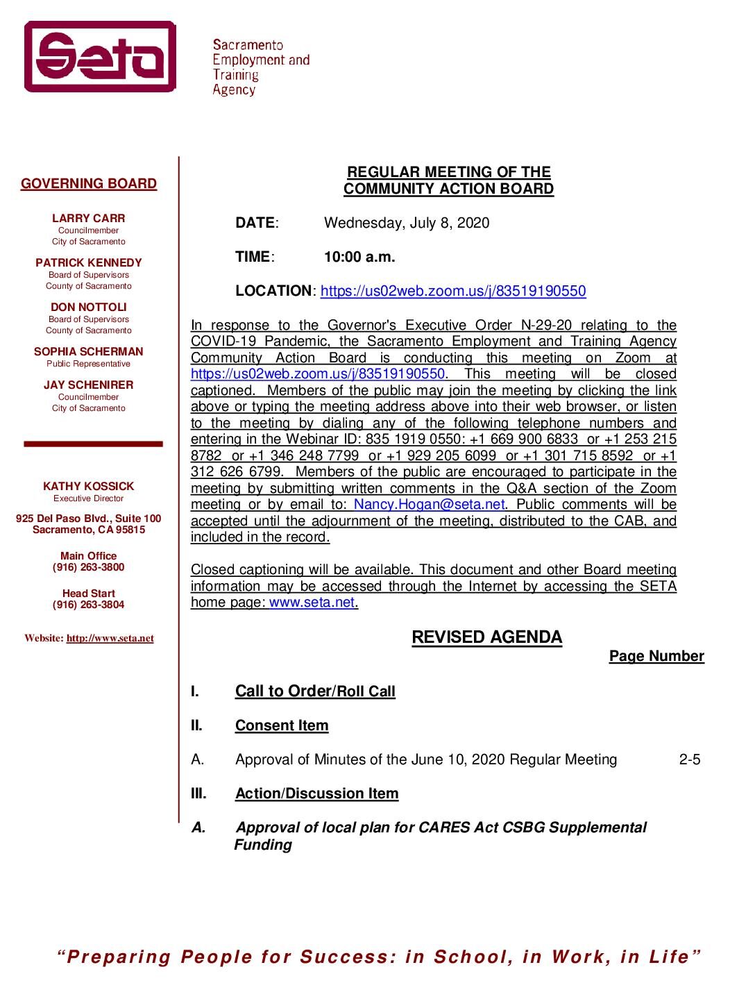 Revised/Regular Meeting of the Community Action Board 7/8/2020
