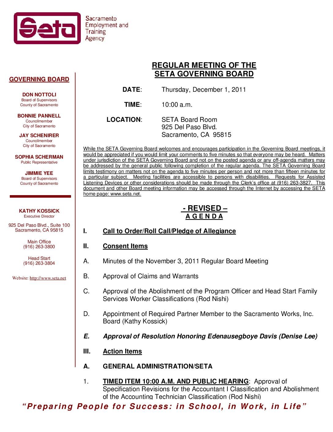 Governing Board Agenda for 12/01/11 – Revised