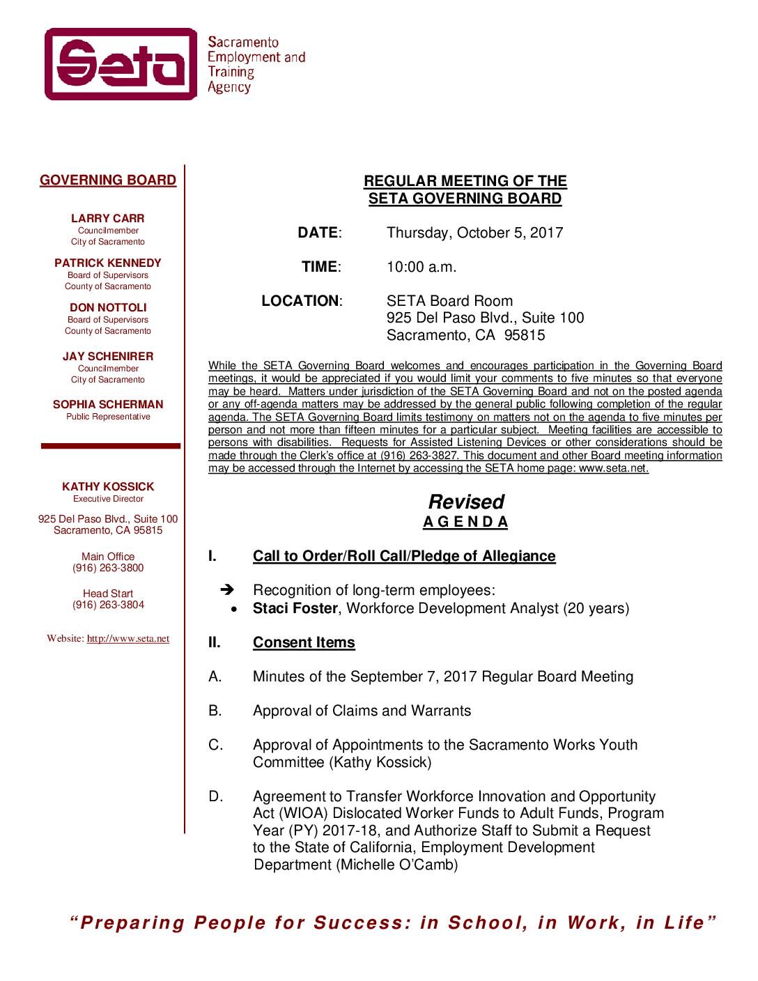 Revised Agenda and Item IIIA1 for 10/5/17 Meeting
